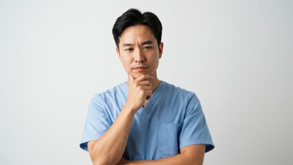 Fototapeta premium Asian male doctor in blue scrubs poses thoughtfully in a professional setting Focus on healthcare and medical expertise