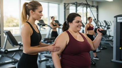 Naklejka premium Female fitness trainer guiding curvy woman in indoor gym during training session Promotes body positivity and personal development