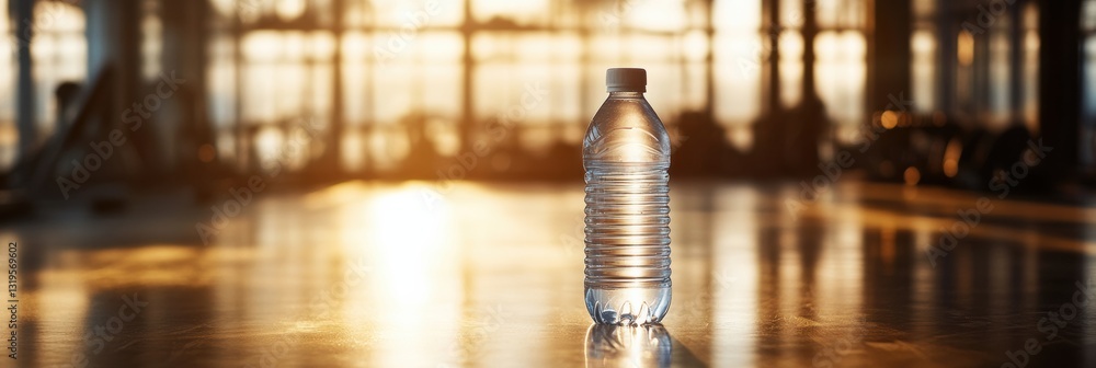 Poster transparent water bottle positioned in a spacious gym with blurred background during evening workout