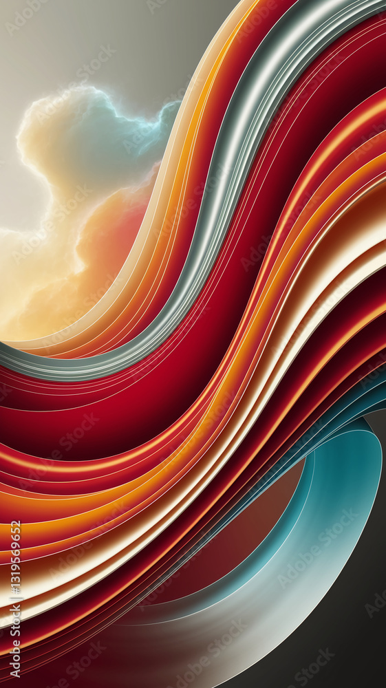 Poster Abstract image of swirling, layered curves in red, orange, beige, and teal tones against a cloudy background, showcasing dynamic movement and visual depth, ideal for design concepts