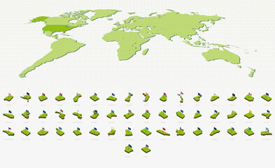 US State Maps and Flags in Isometric Style. Isometric Maps Collection