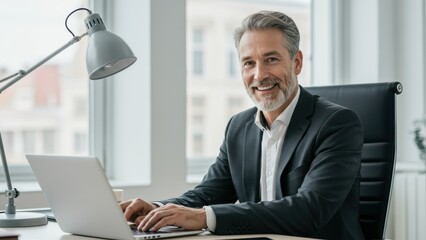 Caucasian businessman working on laptop in modern office space, smiling confidently, representing productivity and motivation