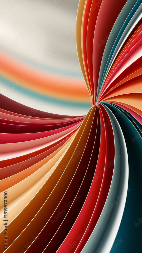 Poster Abstract image of curved, multicolored layers creating a swirling effect, suggesting movement and dynamism, ideal for design backgrounds