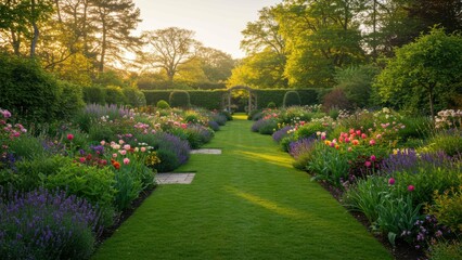 Obraz premium Manicured flower garden with vibrant blooms and lush greenery Ideal for relaxation and nature appreciation
