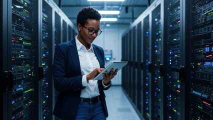 Black woman IT professional using tablet in data center Focused on technology, innovation, diversity