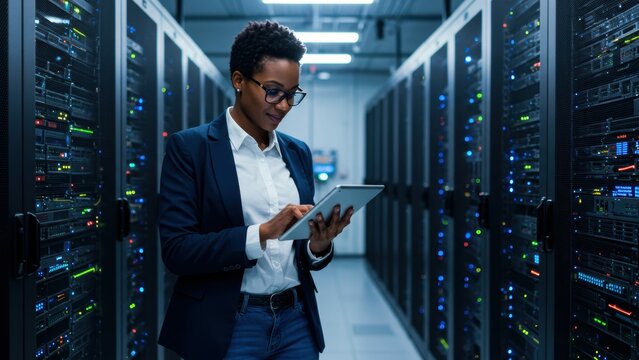 Black woman IT professional using tablet in data center Focused on technology, innovation, diversity