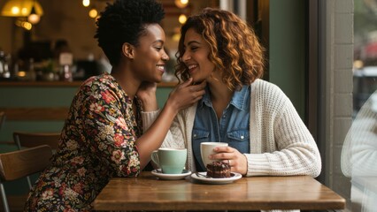 Two women, one African American and one Caucasian, enjoy coffee in a cafe, showcasing intimacy and LGBTQ+ relationships