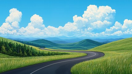Scenic country road winding through rolling hills nature landscape gigapixel quality vibrant sky