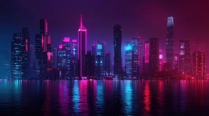 Fototapeta premium Vibrant night cityscape urban landscape gigapixel standard scale neon lights panoramic view digital art