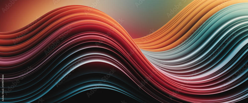 Poster abstract image of layered, wavy paper in orange, red, and teal hues creating a dynamic, flowing desi