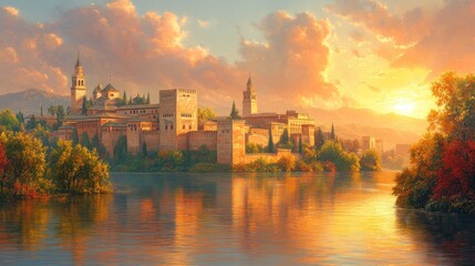 Fototapeta premium Golden hour over a historic city by a river