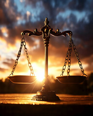 Ornate scales of justice at sunset  Balance law equity concept
