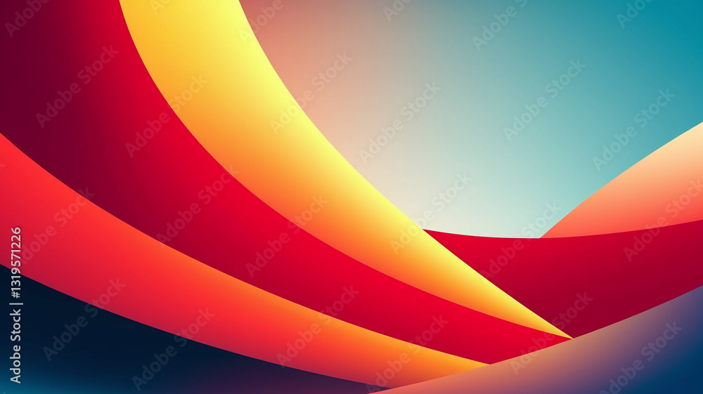 Poster abstract image with red, orange, and yellow curved shapes against a teal background, creating a dyna