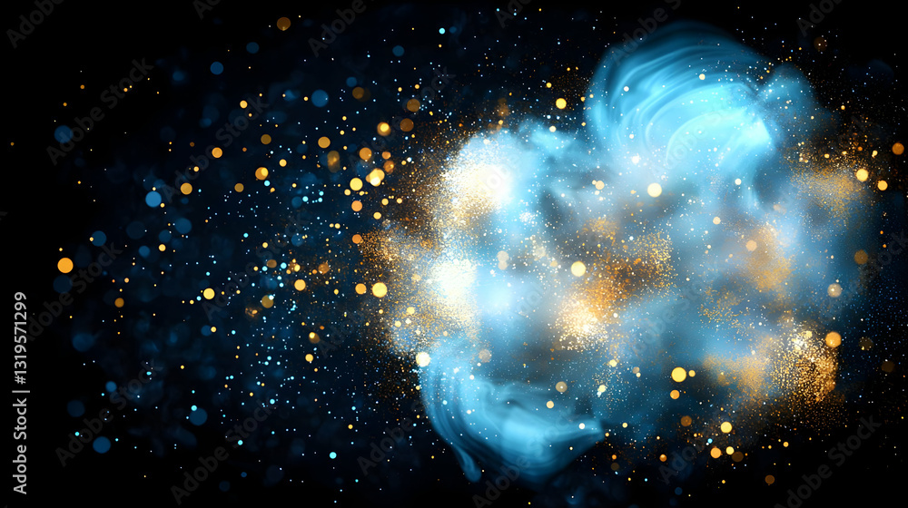 Poster abstract blue energy explosion with golden sparkles on dark background creating dynamic light and mo