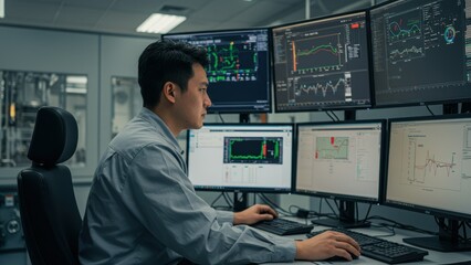 Asian man working at multiple computer screens in high tech office Focus on data analysis and financial metrics for business growth