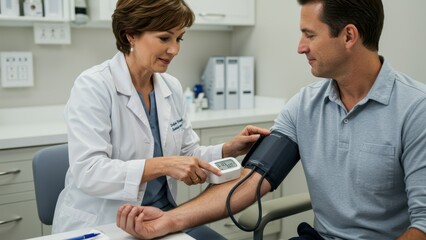 Caucasian female doctor measures blood pressure of adult male patient in a clinic Focus on health care and patient well being