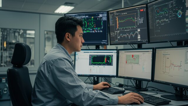 Asian man working at multiple computer screens in high tech office Focus on data analysis and financial metrics for business growth