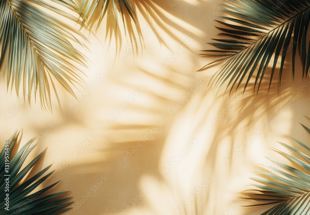Aufkleber tropical palm leaves with soft shadows on warm background creating a serene and relaxing atmosphere 