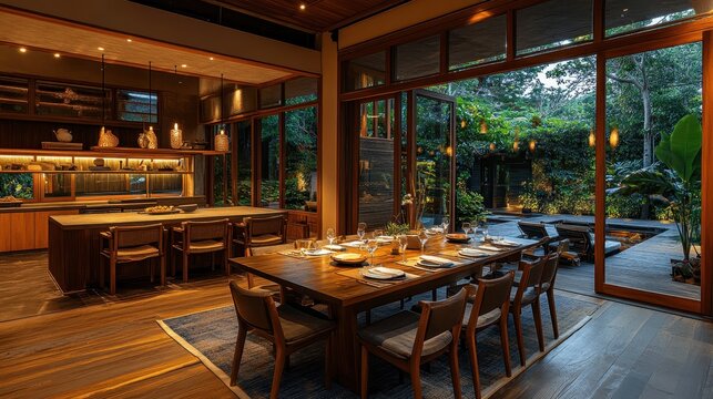 A warm and inviting dining space is graced by a set of stylish wooden chairs and table, perfect for cozy and intimate meals shared with loved ones, exuding a sense of comfort and sophistication.
