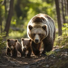 Obraz premium Grizzly bears and cubs exploring forest trails nature scene wildlife photography tranquil environment close-up view