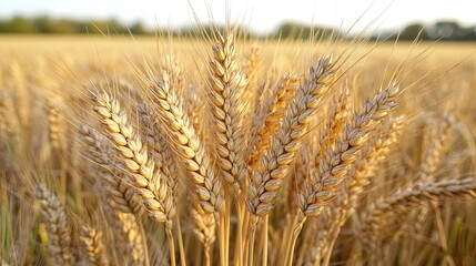 Fototapeta premium Golden wheat ears in close-up at sunset in a rural wheat field. Cereals are being grown in an agricultural scene with copy space. Idea of rich harvests from natural organic farming.