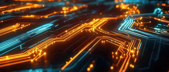 Fototapeta premium Abstract Digital Circuitry: Glowing Orange and Blue Lines