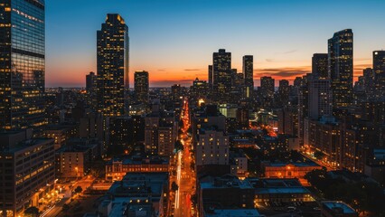Downtown Houston skyline at sunset showcasing skyscrapers and city lights Urban exploration, vibrant colors, nightlife themes