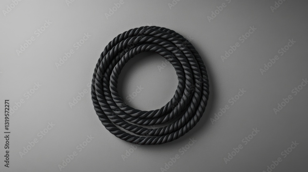 Aufkleber Coiled black jump rope resting on a smooth grey surface with a minimalist design and ample negative space