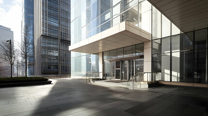 Modern Glass And Steel Office Building Entrance In A Vibrant City Business District With Sunlight Reflecting Off The Facade