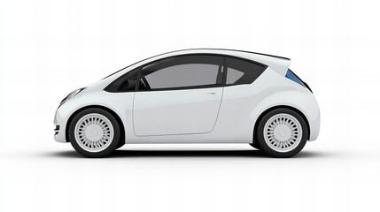 Fototapeta premium A sleek side view of a modern electric car, showcasing its stylish design and eco-friendly features. Isolated on a clean white background, perfect for concepts related to sustainable transportation.