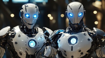 Futuristic robots, facing forward, in a technology background, for a stock photo