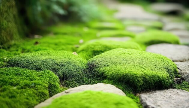 Serene Pathway Of Lush Green Moss And Grey Stones