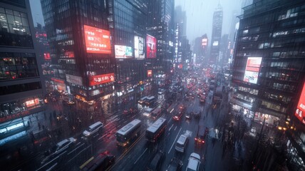 Obraz premium Snowy Night Cityscape: Traffic and Bright Lights During a Snowstorm