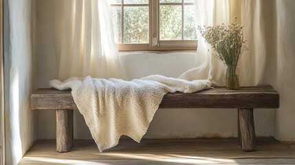 A weathered, wooden bench, draped with a plush, cream blanket, invites relaxation and warmth, creating an atmosphere of cozy comfort and inviting repose.