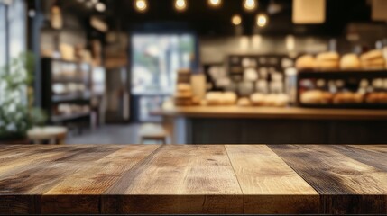 Empty table top with a blurred bakery interior