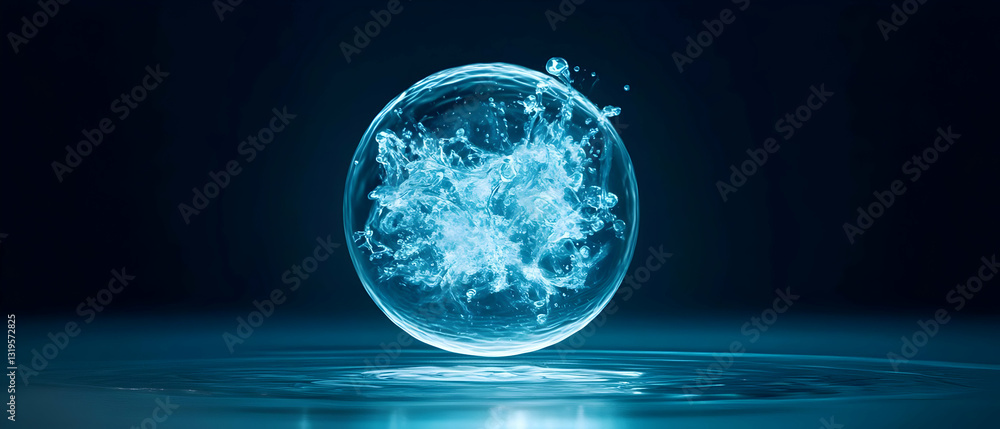 Poster glowing blue water sphere with dynamic splash and reflection on dark background 3d rendered digital 