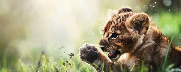 Fototapeta premium A playful young lion cub is seen in green grassland