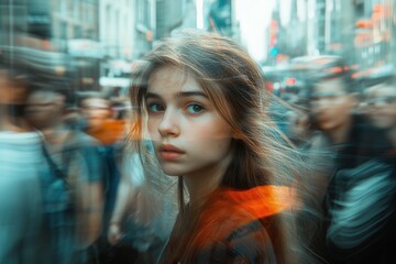 Young woman overwhelmed in a busy city street