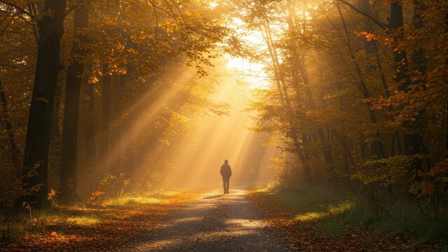 Solitary man walking along forest path illuminated by sunlight rays through autumn trees Themes of tranquility and nature