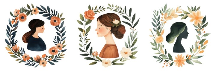 International Women's Day. Watercolor style. Women surrounded by floral boho designs.
