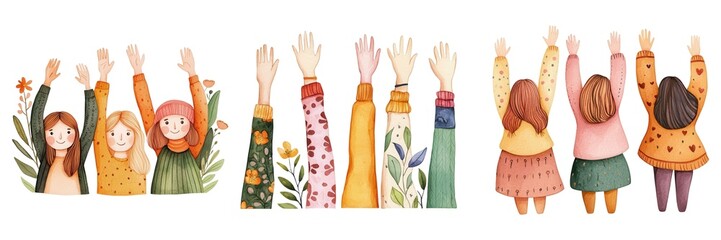 International Women's Day. Watercolor style. Colorful hands raised in celebration or joy, depicting a cheerful group.
