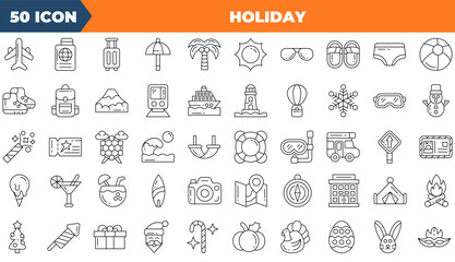 Holiday icon set. Containing design, travel, vacation, summer,and more. Line vector icons collection.