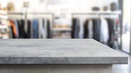 Clothing store interior with empty table. Blurred background