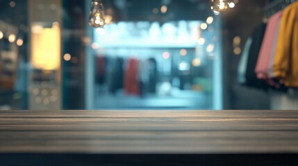 Clothing store interior with empty table. Blurred background