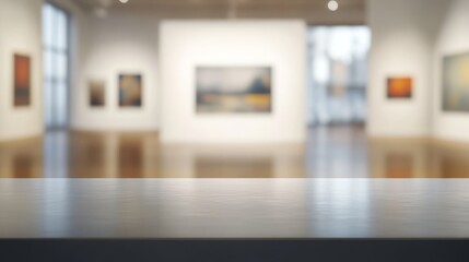 Empty table top with a blurred gallery interior