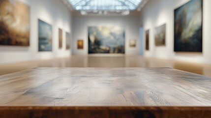 Empty table top with a blurred gallery interior