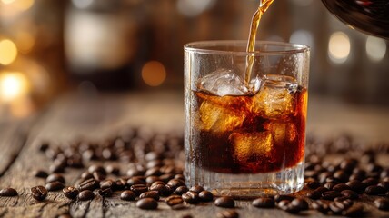 Glass with Ice and Dark Liquid Surrounded by Coffee Beans