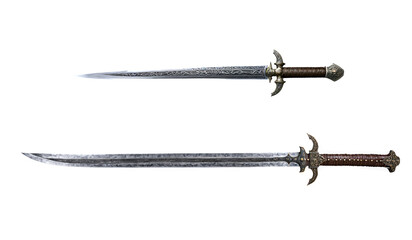 Two realistic medieval broadswords with a steel blade, ornate crossguard, and leather-wrapped grip, isolated on a transparent background