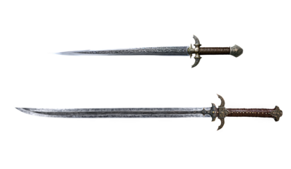 Two realistic medieval broadswords with a steel blade, ornate crossguard, and leather-wrapped grip, isolated on a transparent background