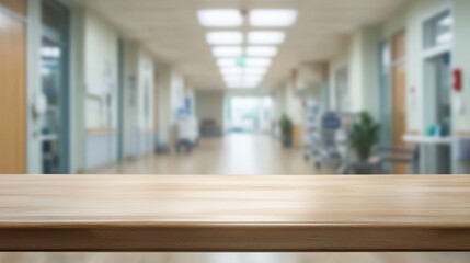 Empty table top with a blurred hospital interior
